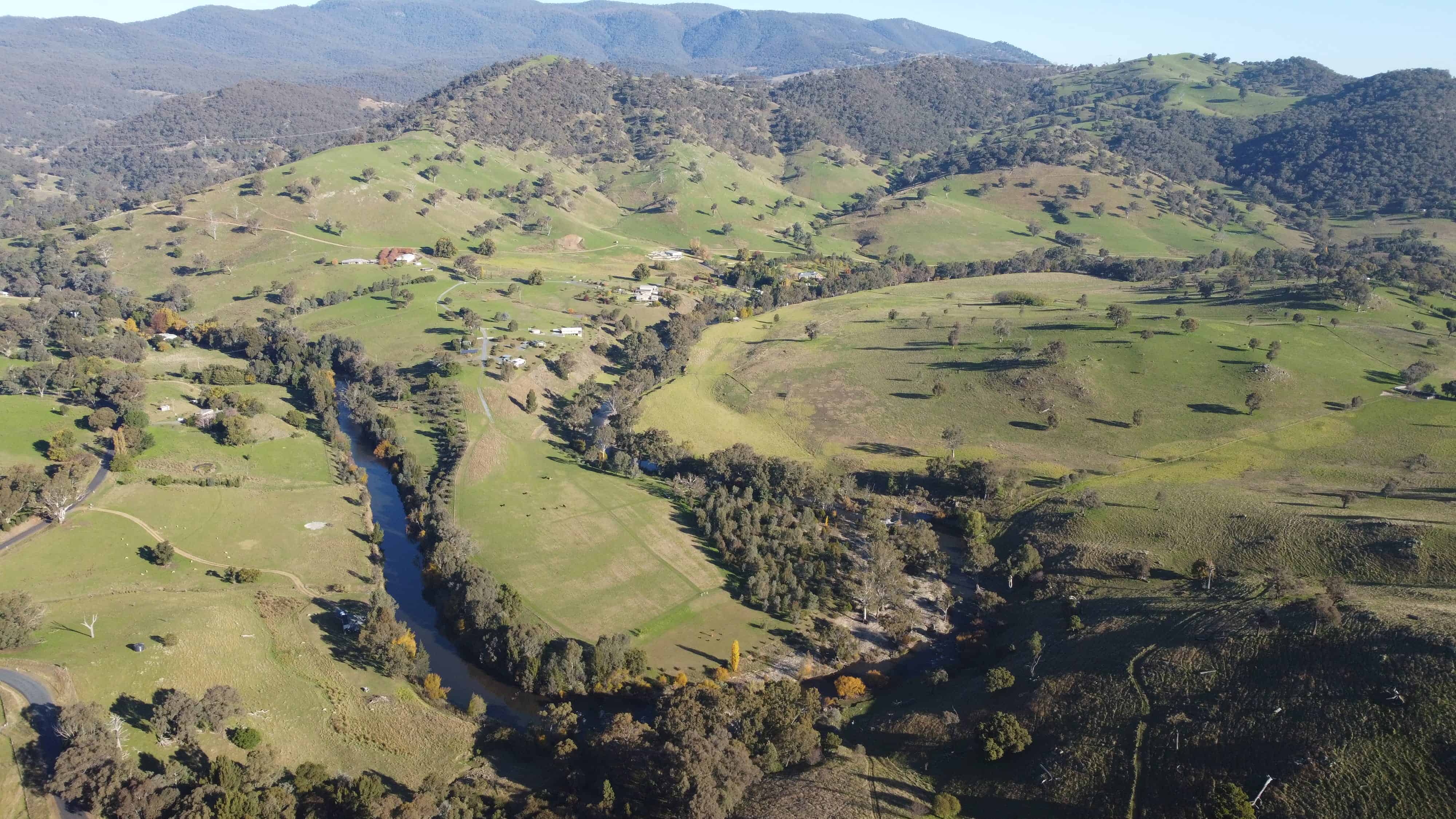 Aerial view of Elm Cottage tucked into the Snowy Mountains foothills