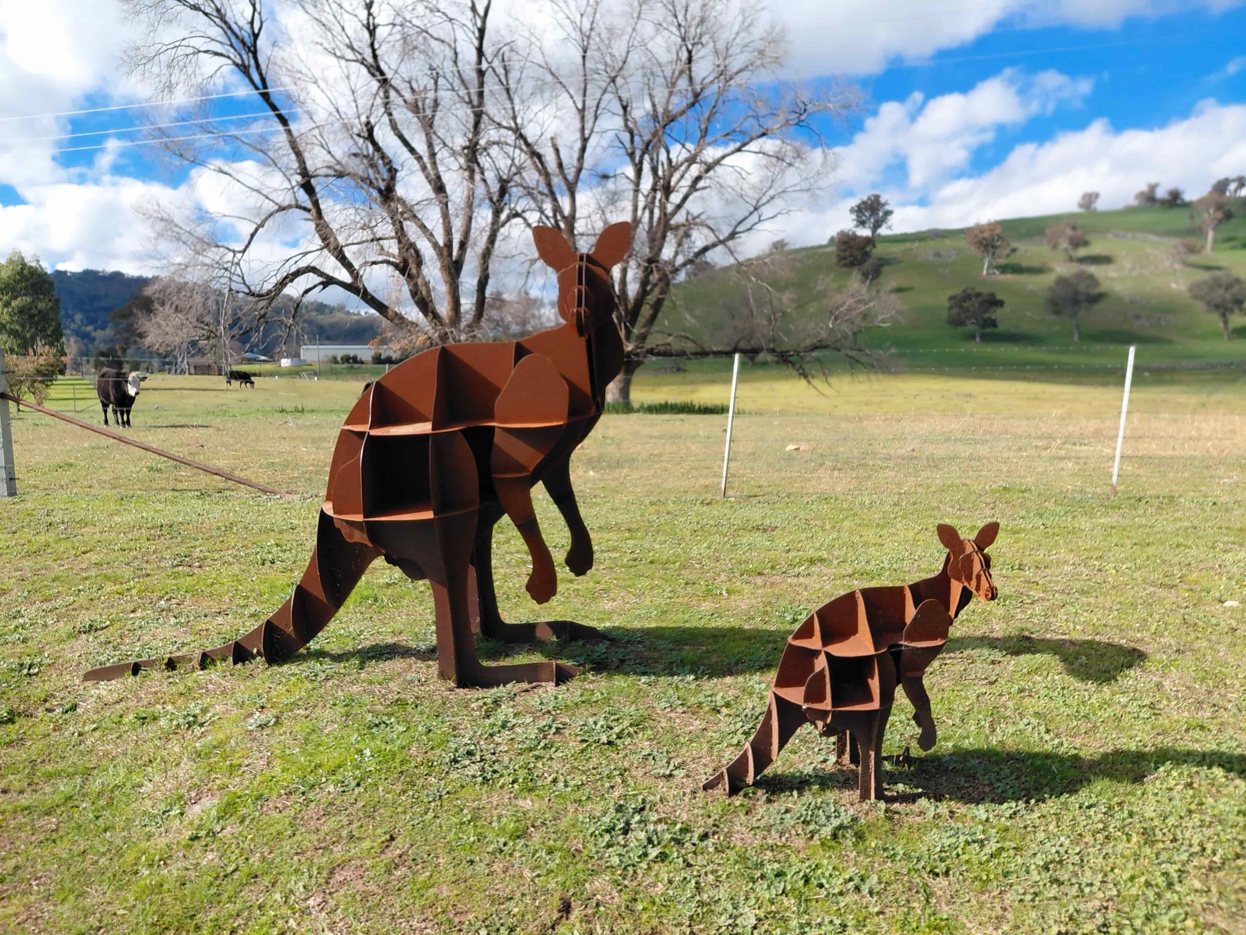 Rusted steel kangaroo and joey sculptures in the paddock at Elm Cottage